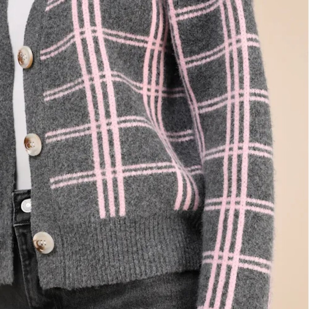 NWT • Lulus • Charcoal Grey and Pink Plaid Cardigan - Picture 7 of 10